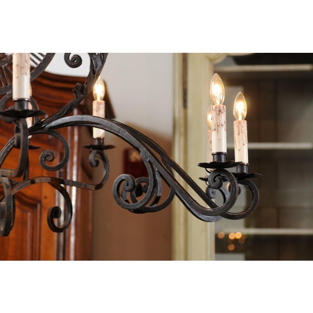 Early 20th Century French 12-Light Wrought-Iron Chandelier with Clock Motif and Scrolling Armature For Sale - Image 12 of 12