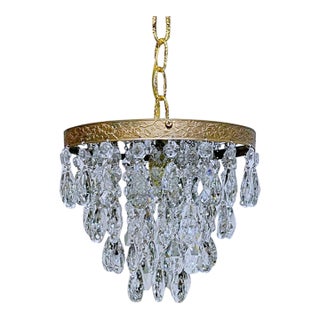 Vintage Hollywood Regency Florentine Brass Tiered Crystal Basket Chandelier For Sale