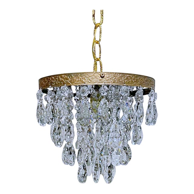 Vintage Hollywood Regency Florentine Brass Tiered Crystal Basket Chandelier For Sale