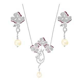 Pearl Ruby and Diamond Necklace and Earrings 18 Karat White Gold, Suite, Estate For Sale