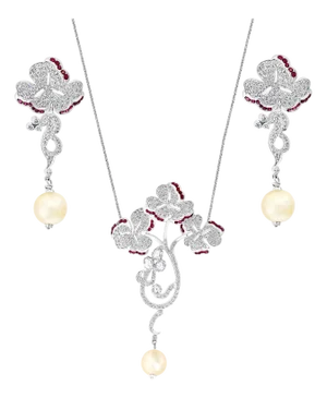 Pearl Ruby and Diamond Necklace and Earrings 18 Karat White Gold, Suite, Estate