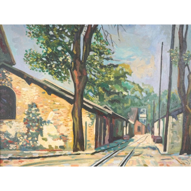 1970s Vintage Small Town Street With Railroad Tracks Landscape by Jon Nielson For Sale - Image 5 of 6