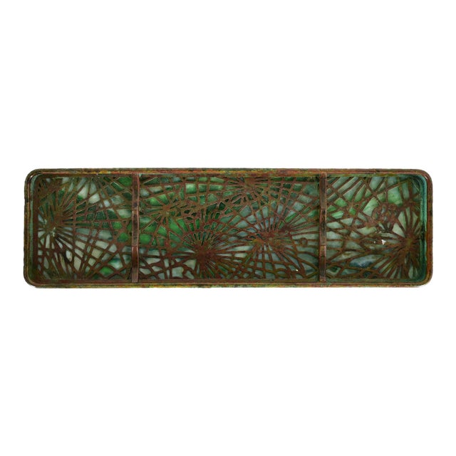Tiffany Studios New York Pine Needle Bronze and Favrile Slag Glass Pen Tray For Sale