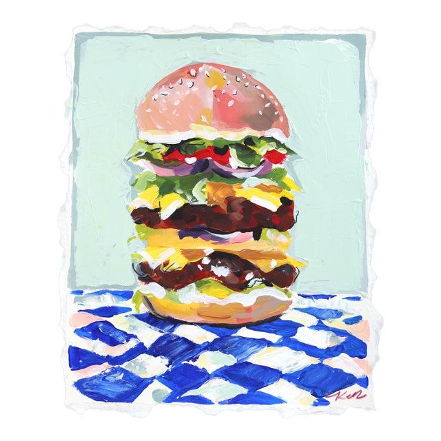 Just a Snack - Abstract Colorful Playful Burger Still Life Painting on Paper Original Artwork by Kellie Newsome For Sale