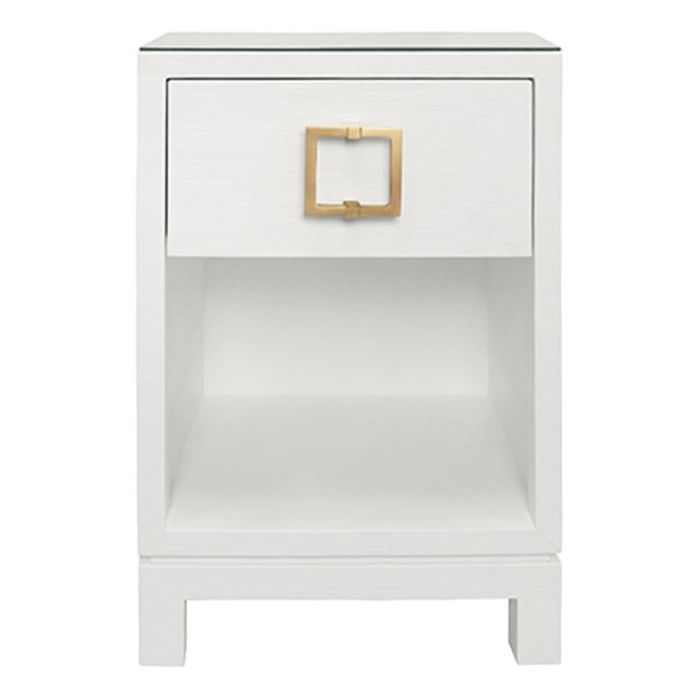 Matthew Izzo Home Blair White Textured Linen One Drawer Side Table With Brass Hardware and Glass Top For Sale