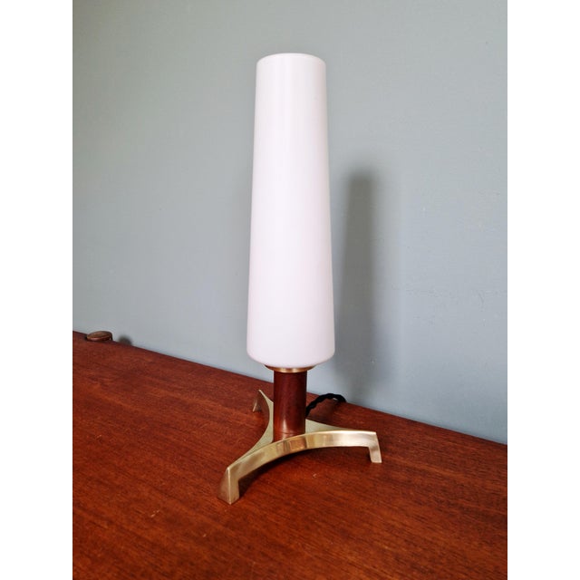Scandinavian Tripod Table Lamp in Brass, Teak and White Satin Opaline Glass, 1960 For Sale - Image 15 of 15