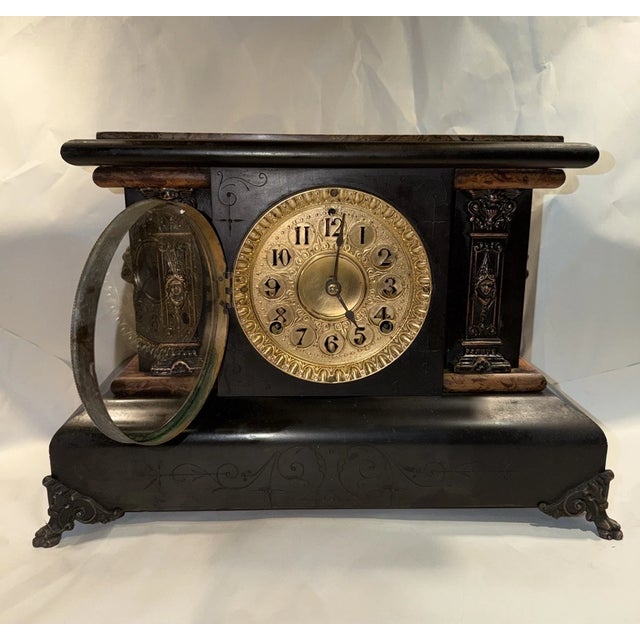 Seth Thomas Clock Company Seth Thomas Antique Adamantine Black Mantel Clock For Sale - Image 4 of 12