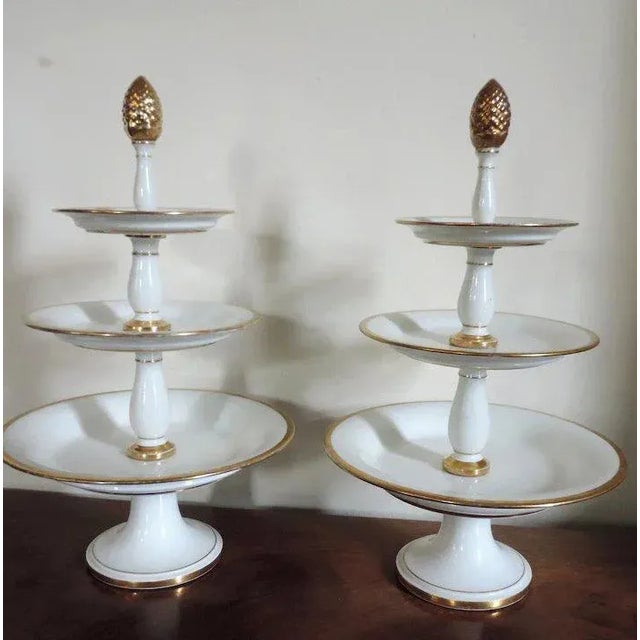 Traditional Early 19th Century French Empire Old Paris Porcelain White & Gold Edouard Honore Three Tier Dessert Tazza Hors d’oeuvres Stand - A Pair For Sale - Image 3 of 11