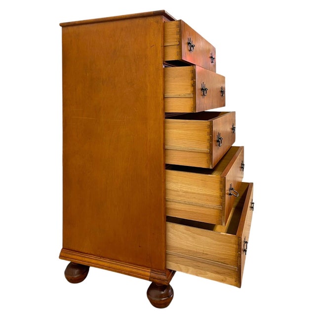 Brass Vintage 5-Drawer Chest With Figured Wood Grain, Dovetailed Drawers and Brass-Toned Hardware For Sale - Image 8 of 9