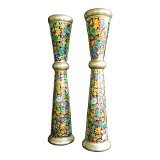 1970 Pair of Metal & Enamel Indian Cloisonné Candle Stands For Sale