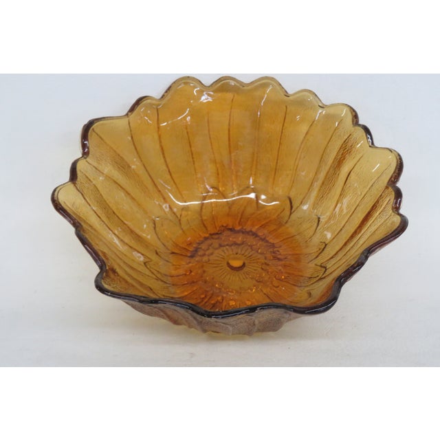 Indiana Glass Co Amber Carnival Glass Sunflower Bowl Scalloped Petal Rim 5017b For Sale - Image 10 of 11