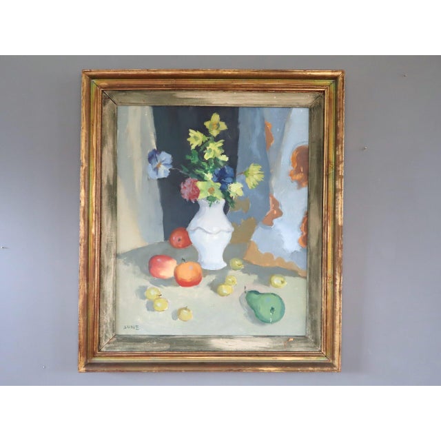BLOSSOMS & FRUIT Size: 27.2 x 23.6 inches (including frame) Oil on board A soothing and very pleasant mid-century...