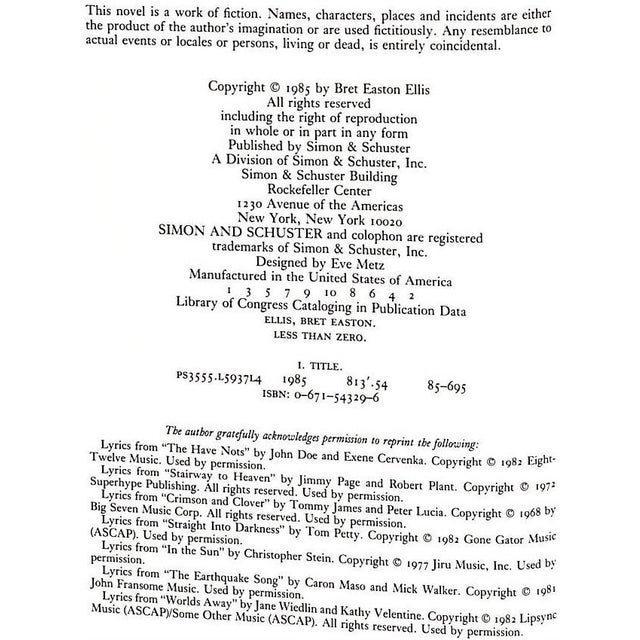 "Less Than Zero" Book 1985 Ellis, Bret Easton For Sale - Image 4 of 6