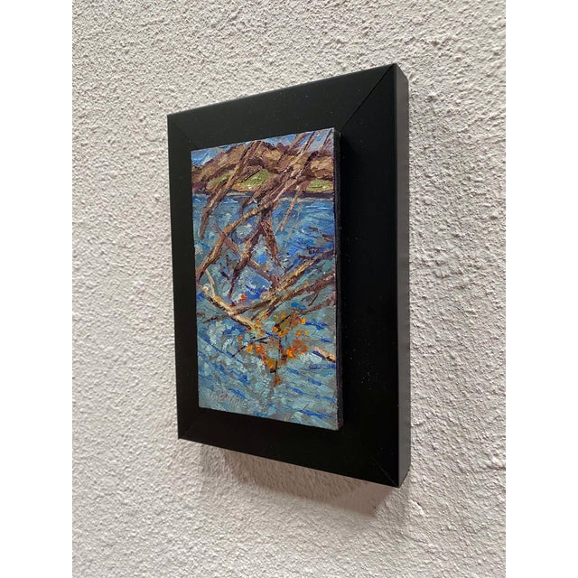 Abstract Sloan's Lake by Delton Demarest | Oil on panel of water with branches and autumn leaves For Sale - Image 3 of 5