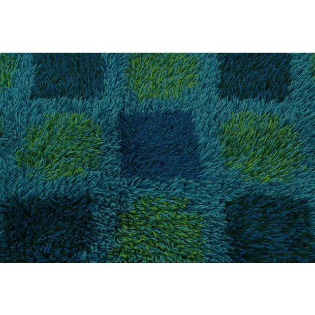 1960s Vintage Swedish Rya Rug, Teal With Color-Block Checkerboard - Rug & Kilim For Sale - Image 5 of 8
