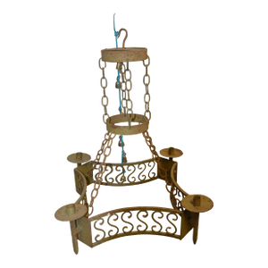 Vintage Gothic Rustic Green Cast Iron Tiered Candle Square Chandelier W/ Rings & Chains Castle