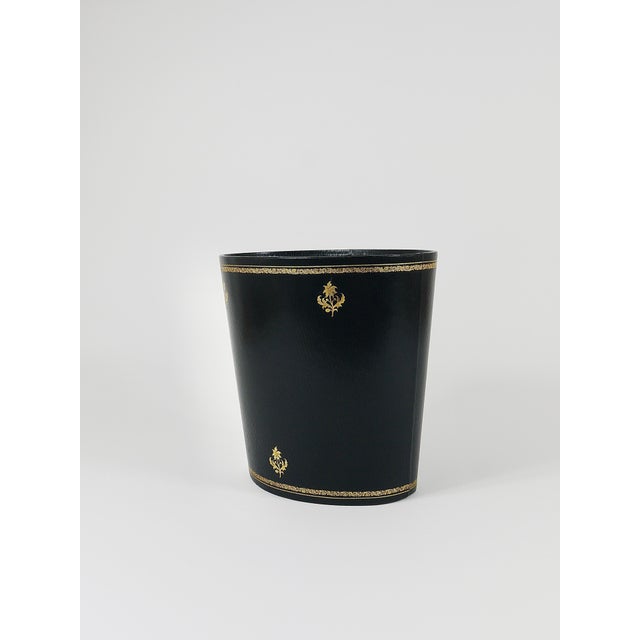 French Black and Gold Leather Wastepaper Basket, 1970s For Sale - Image 3 of 14