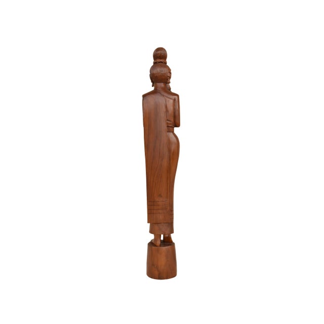 Mid 20th Century Mid 20th Century Life Size Hand Carved Solid Wood Sawasdee Thai Women Greeter Statue For Sale - Image 5 of 11
