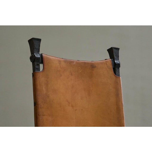 Metal Vintage Brutalist High Back Chair in Wrought Iron and Patinated Cognac Leather, 1950s For Sale - Image 7 of 18