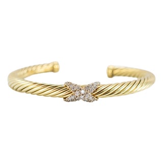 David Yurman Cablespira X 14k Yellow Gold 6mm Ct Diamond Cuff Bangle Bracelet For Sale