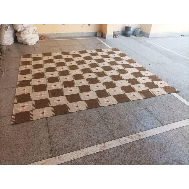 Handmade New Zealand Wool Dhurrie, Brown and Cream Geometric Rug- 8'x10' For Sale - Image 11 of 16