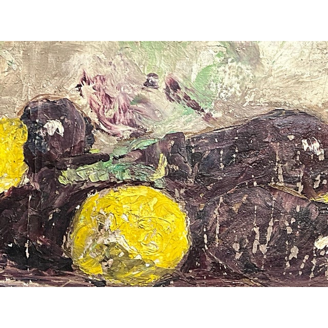 Early 20th century French floral still life oil painting tablescape on canvas featuring eggplant by Henri Dezire...