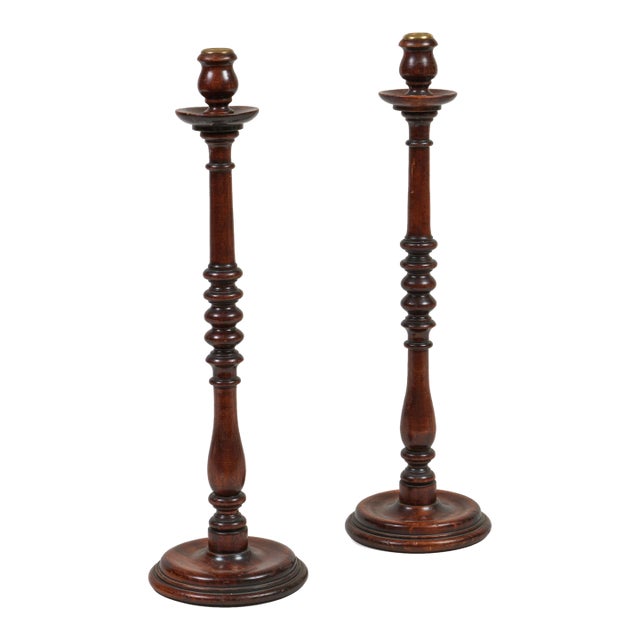 Antique Tall Mahogany Turned and Carved Candlesticks, a Pair For Sale