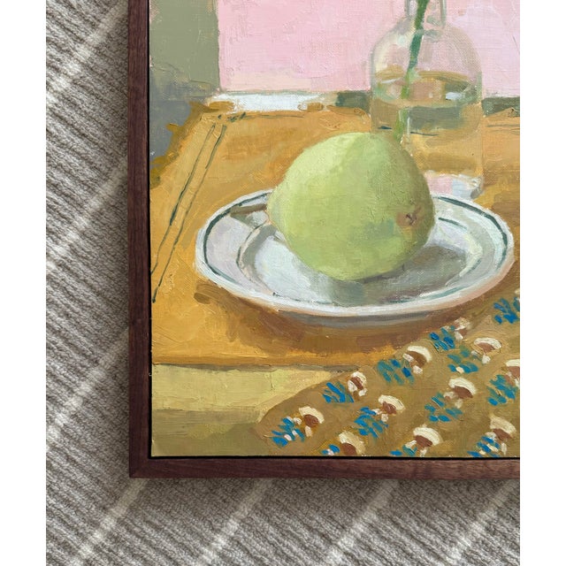 A dynamic still life painting of two pears, an orange zinnia, and a knife. I love the composition of the items and the...