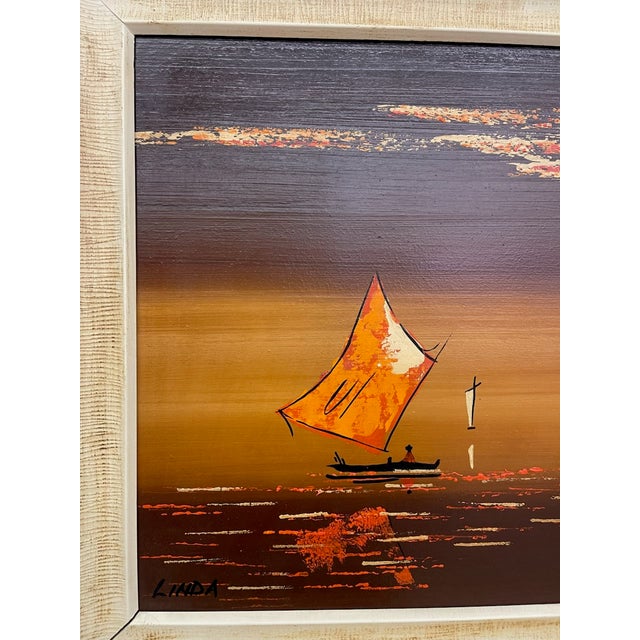 1970s Framed Modern Coastal Sailboat Landscape Painting Signed "Linda" - Abstract Seascape Wall Art For Sale - Image 10 of 10