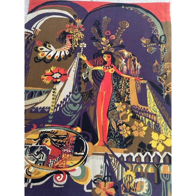 Striking mid-20th-century decorative tapestry by the artist Mileva, featuring a highly stylized and colorful composition...
