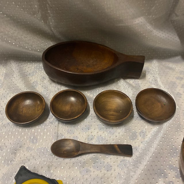Wooden Asian Serving Bowls With Mini Bowls For Sale - Image 4 of 4