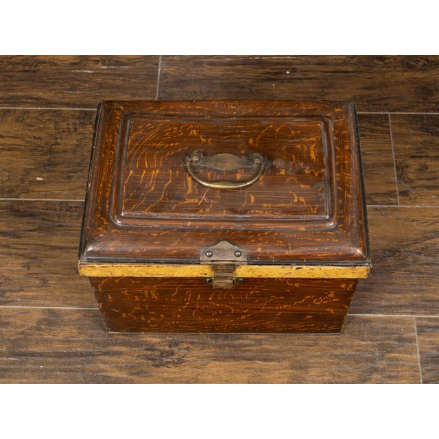 Metal French 1890s Rustic Painted Tôle Box with Wood Grain Finish and Goldenrod Accent For Sale - Image 7 of 11