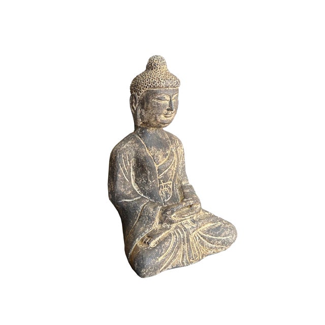 Asian 13.5" Black Brown Distressed Marks Small Stone Sitting Buddha Statue For Sale - Image 3 of 8
