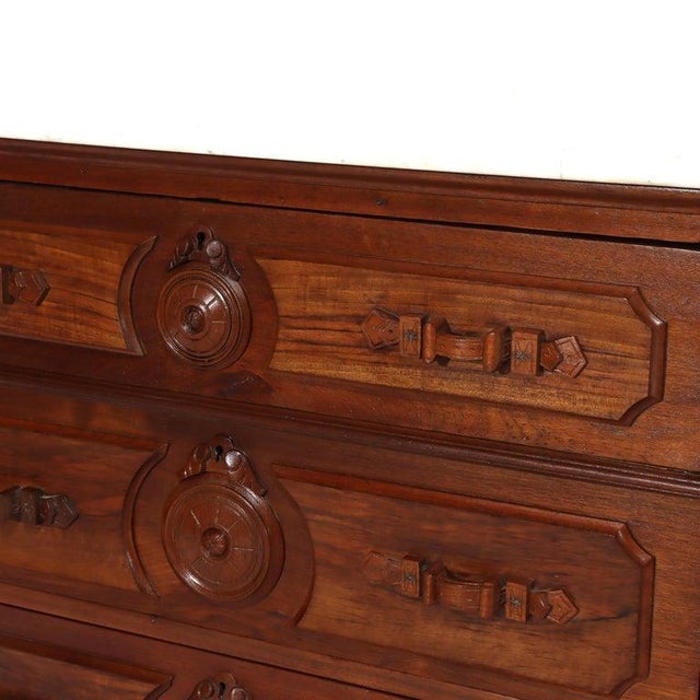 Antique Walnut 3-Drawer Marble Top Chest With Carved Medallions & Pulls C1890 For Sale - Image 6 of 18