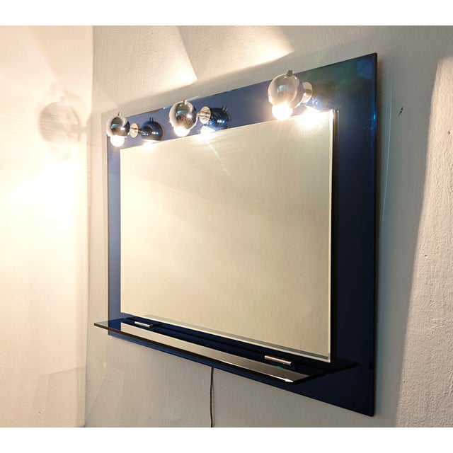 Glass Italian Bathroom Mirror with Blue Ground Glass Shelf and Chromed Steel Diffusers, 1970s For Sale - Image 7 of 14