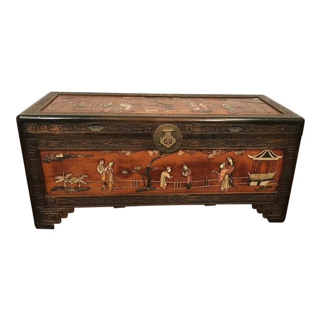 1900s Antique Chinese Inlaid Stone Camphor Wood Carved Trunk For Sale