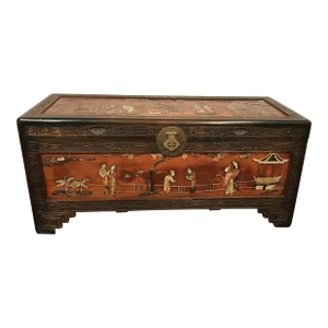 1900s Antique Chinese Inlaid Stone Camphor Wood Carved Trunk