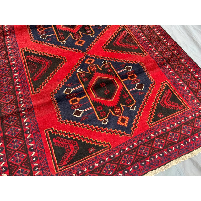 1980s Vintage Afghan Baluchi Red Rug With Geometric Diamond Design and Soft Wool Pile Rug For Sale - Image 5 of 11
