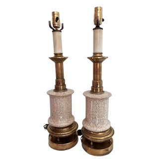 Stiffel Mid-Century Modern Crackle Glazed Brass Table Lamps - A Pair For Sale