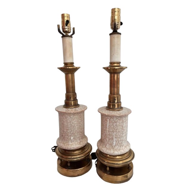 Stiffel Mid-Century Modern Crackle Glazed Brass Table Lamps - A Pair For Sale