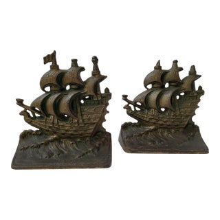 Pair of Cast Iron Clipper Ship Sailboat Bookends For Sale