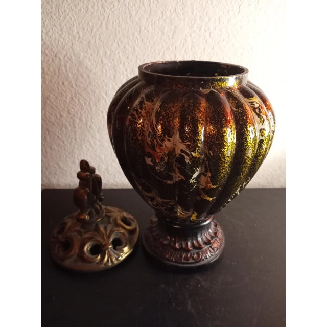 Green 1960s Bohemia Czech Republic Hand Painted Glass Lidded Urn For Sale - Image 8 of 10