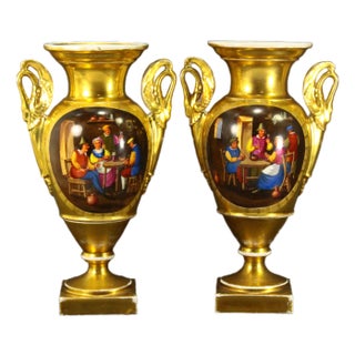 Early 19th C. Empire Old Paris Porcelain Fire Gilt & Painted Vases, a Pair For Sale