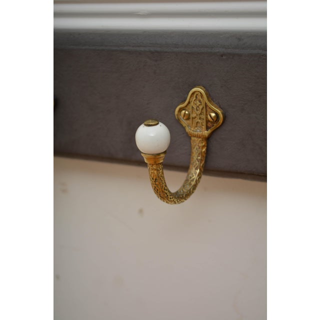 Antique Victorian Coat Rack with Cast Brass and Ceramic Hooks, 1880 For Sale - Image 9 of 16