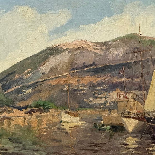 Antique Framed Painting on Canvas 'Harbor in Still Light' Signed by J. Gilbert For Sale - Image 10 of 15