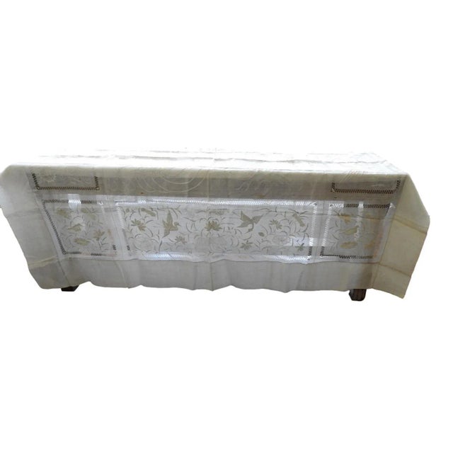 Antique Hand Embroidered Dragon Birds White Organza Tablecloth For Sale In Seattle - Image 6 of 12