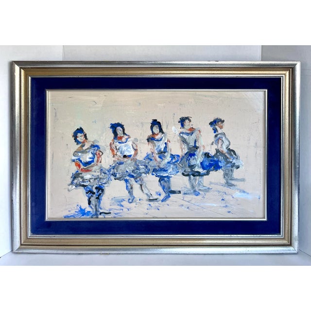 Here is a beautiful original painting from the later mid-century featuring a row of dancers. The artist has chosen to...