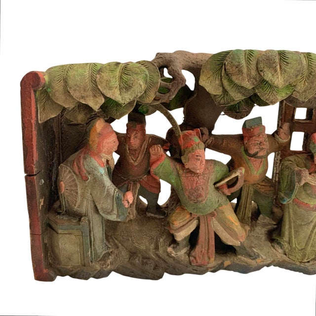 Chinese Late 20th Century Hand Carved Relief Wood Panel Temple Scene Old Vintage Folk Art Oriental Decor For Sale - Image 3 of 9