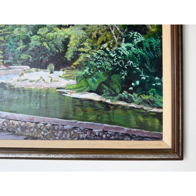 1970s Vintage Tropical River Landscape Oil on Canvas Painting, Framed For Sale - Image 9 of 12