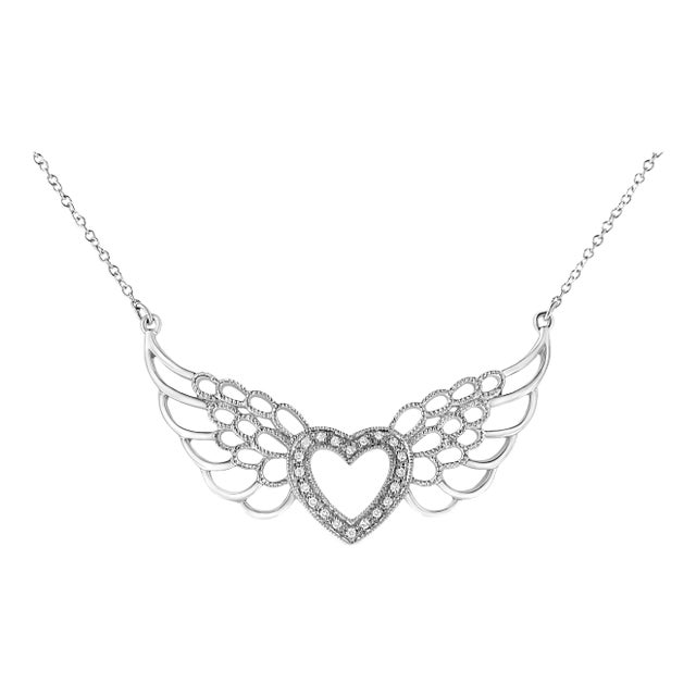 .925 Sterling Silver Pave-Set Diamond Accent Fairy Wing 18" Heart Pendant Necklace For Sale